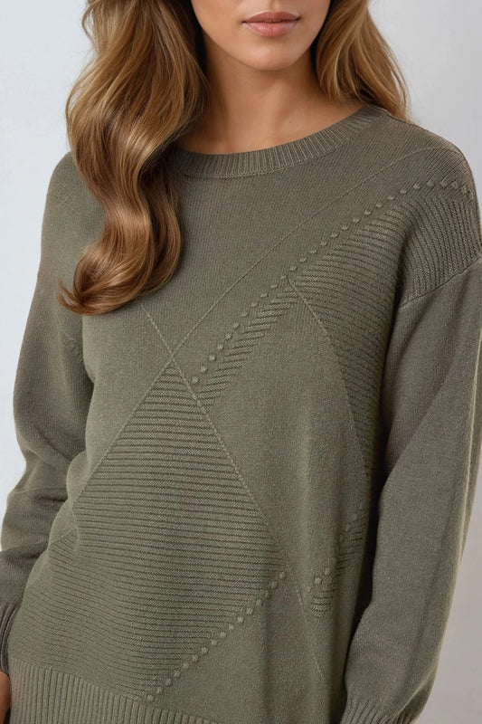 Khaki Geometric Knitted Jumper-1