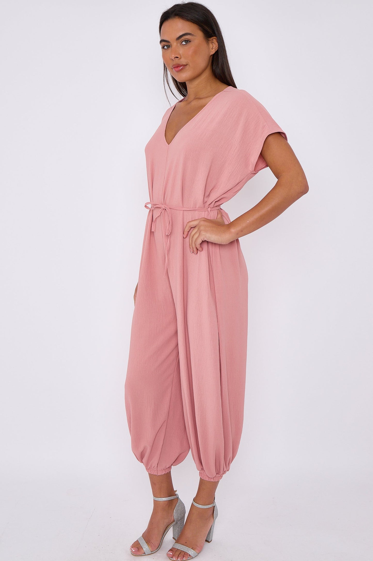 Pink V-Neck Belted Jumpsuit-3