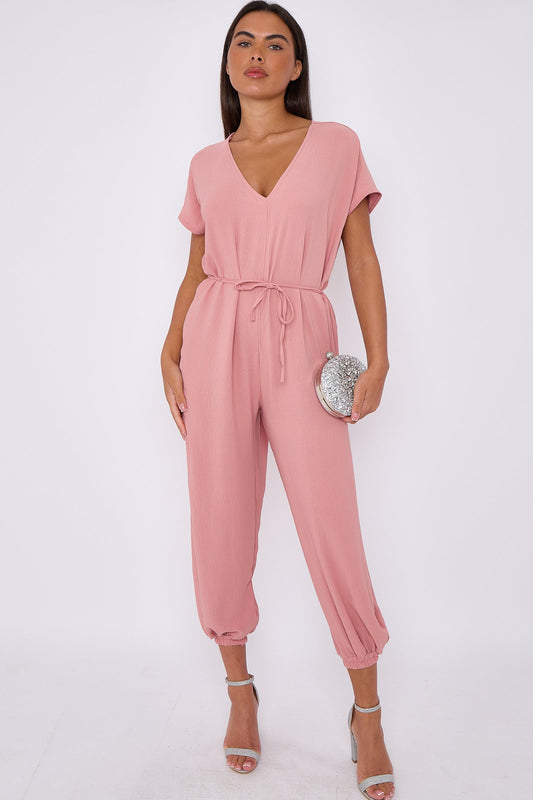 Pink V-Neck Belted Jumpsuit-1