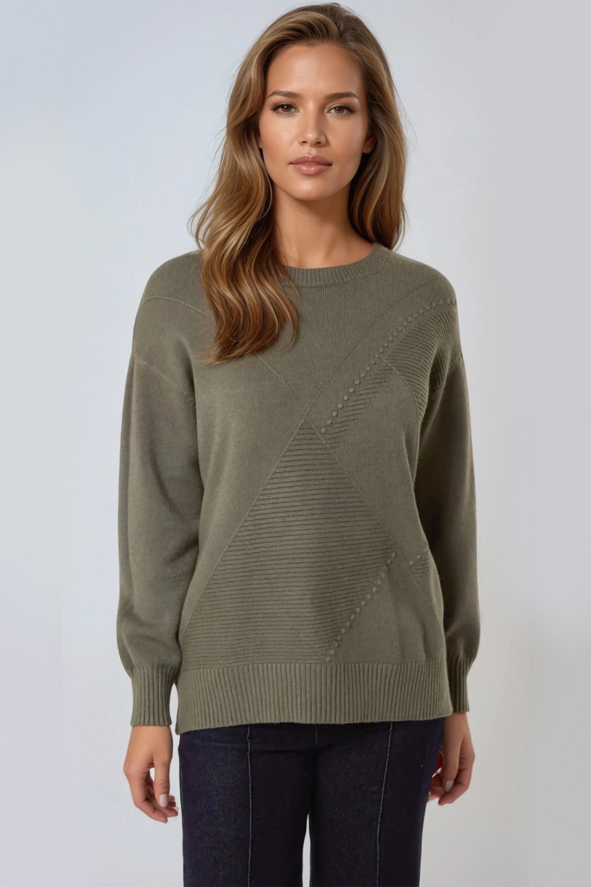 Khaki Geometric Knitted Jumper-0