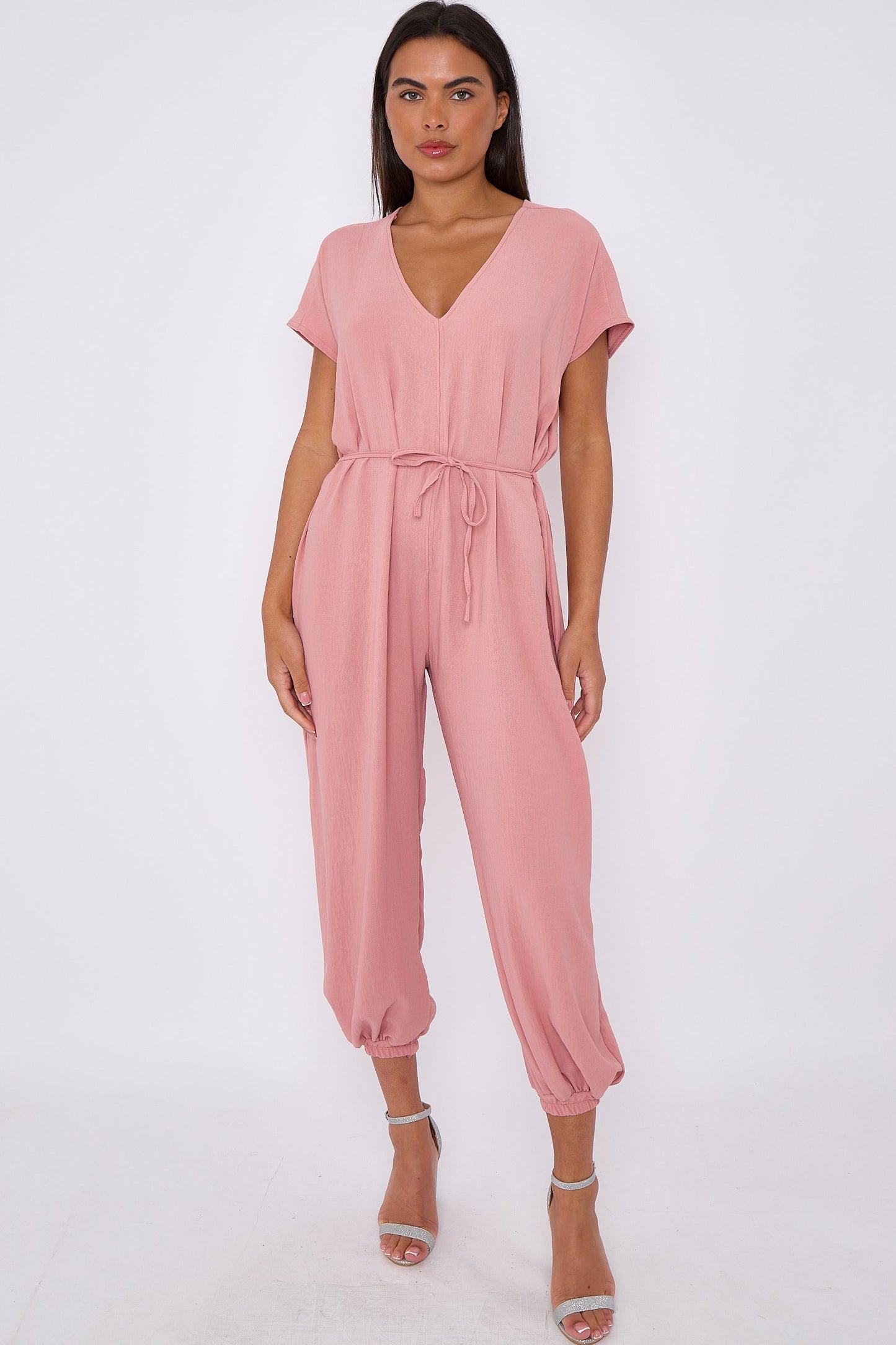 Pink V-Neck Belted Jumpsuit-2