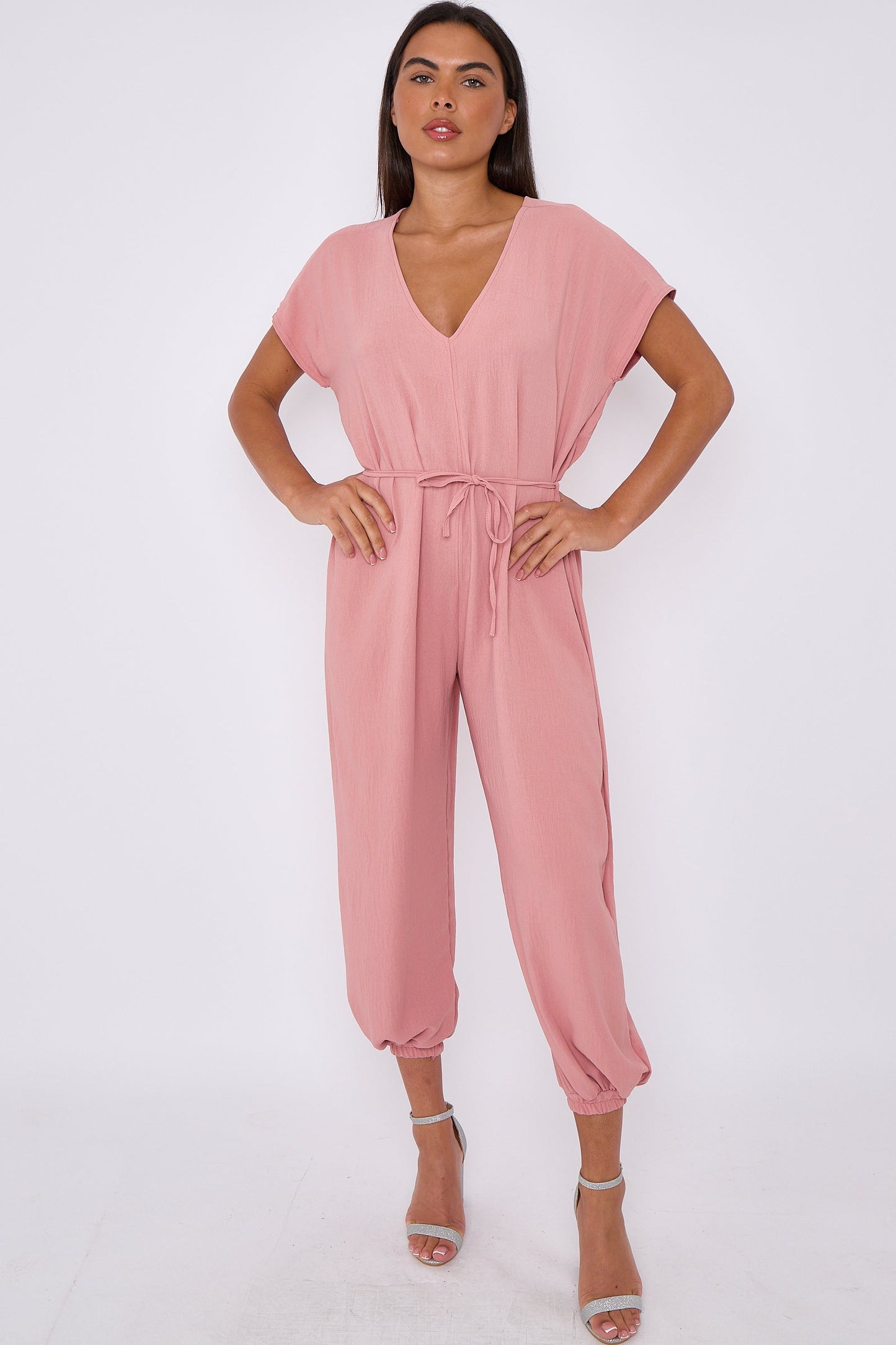 Pink V-Neck Belted Jumpsuit-0