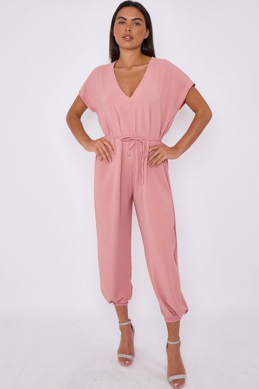 Pink V-Neck Belted Jumpsuit-0