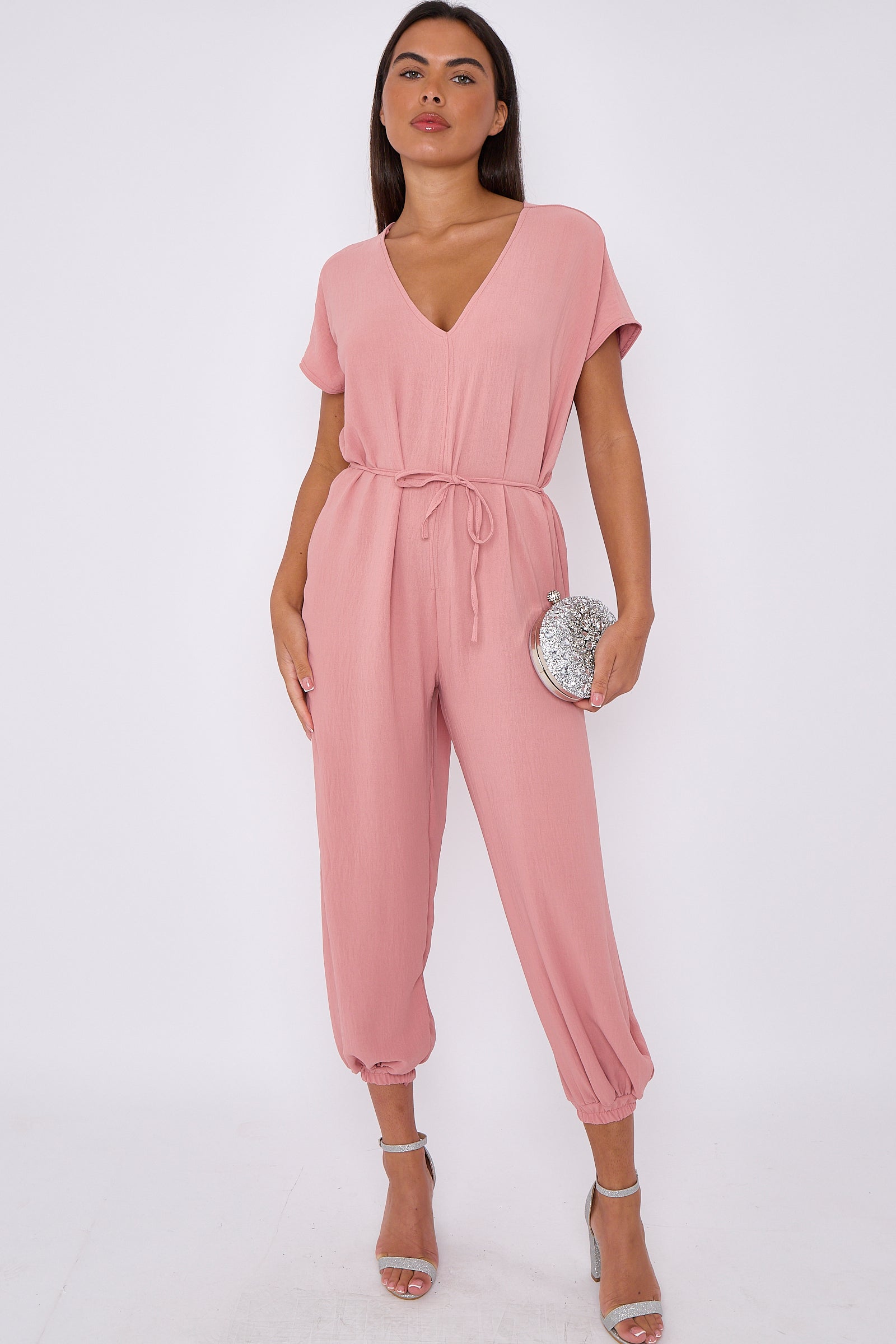 Pink V-Neck Belted Jumpsuit-1
