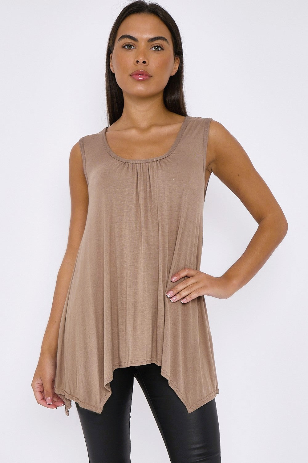 Mocha Sleeveless Top With Asymmetric Hem-0
