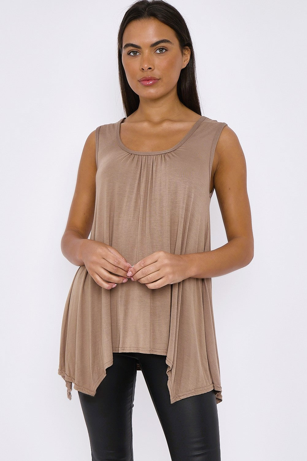 Mocha Sleeveless Top With Asymmetric Hem-2