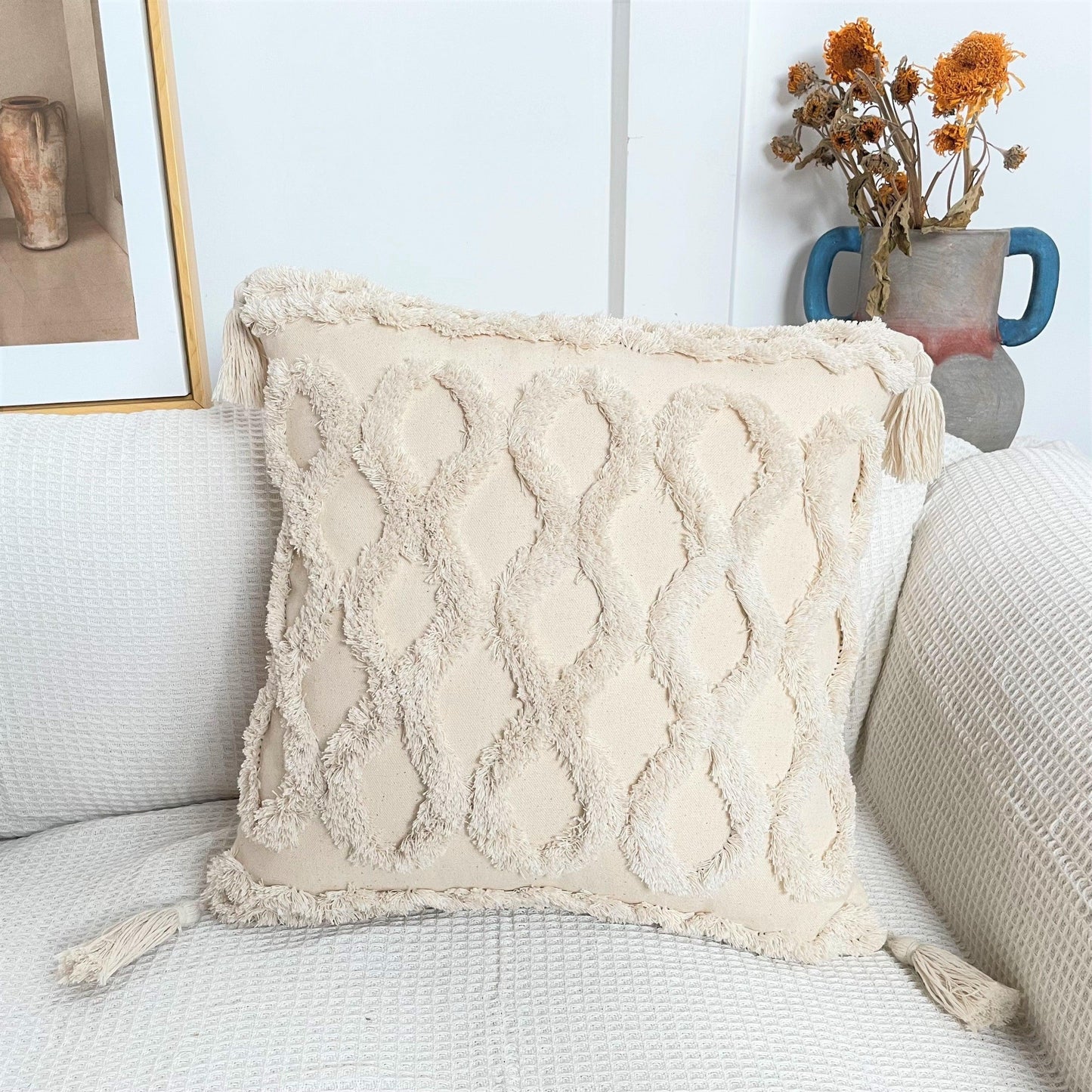 Boho Cotton Cushion Cover with Tassels | Tufted Design - 45x45cm Home Decoration-7