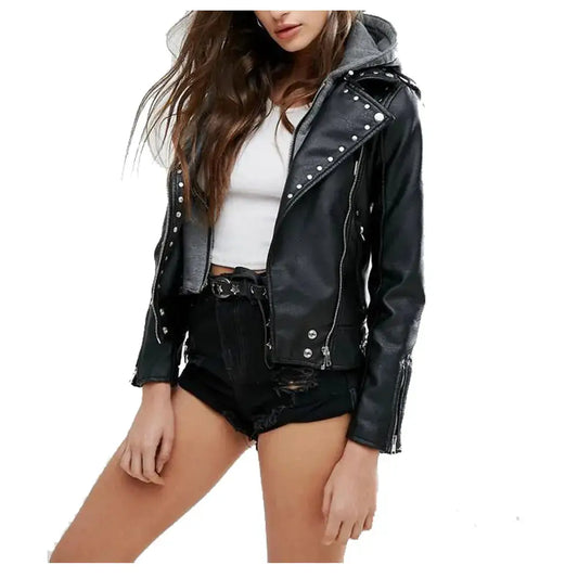 Women’s Pin Leather Biker Jacket-0