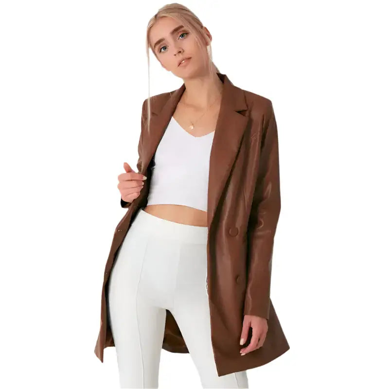 Women’s Brown Lambskin Leather Long Coat-2