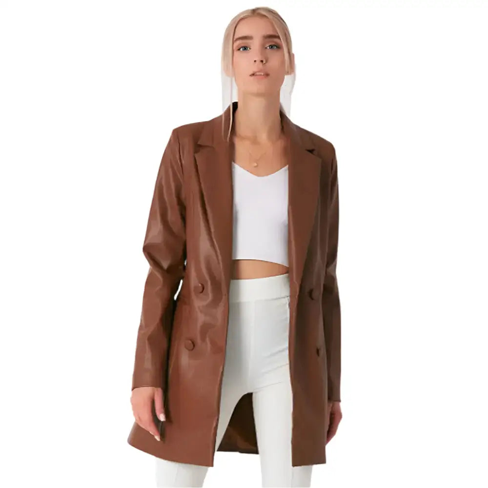 Women’s Brown Lambskin Leather Long Coat-3
