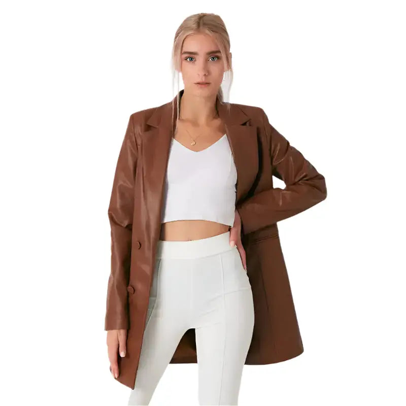 Women’s Brown Lambskin Leather Long Coat-0
