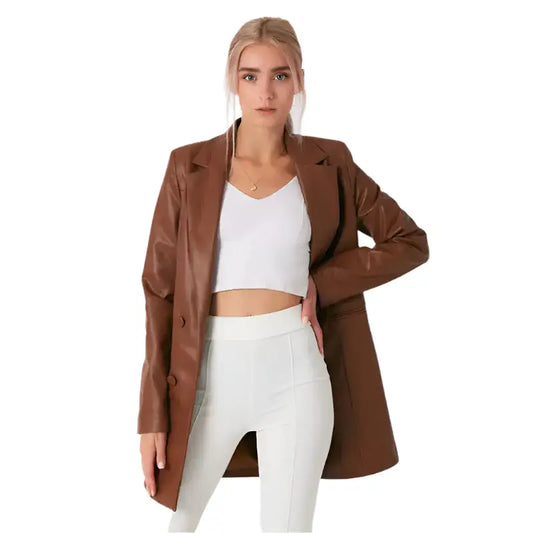 Women’s Brown Lambskin Leather Long Coat-0